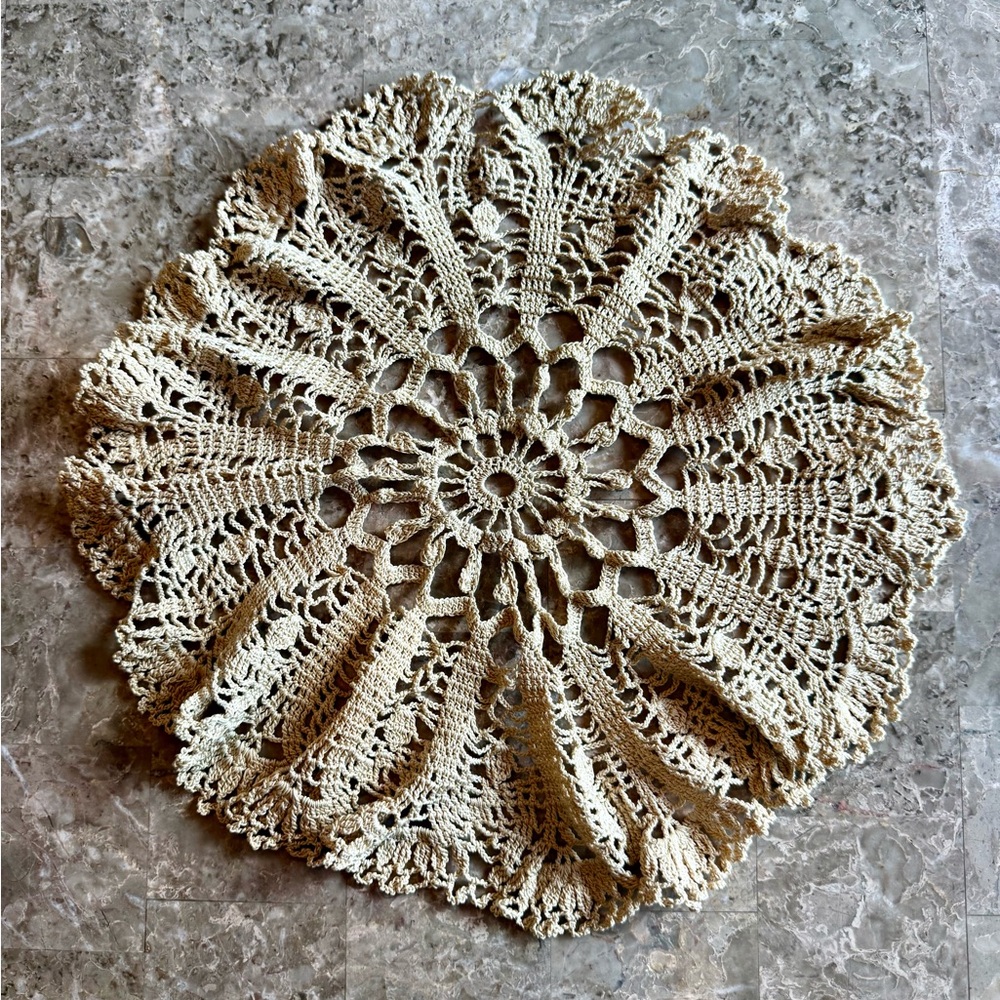 Vintage Hand Crocheted 13" Round  Doily or Table cover, Ecru
